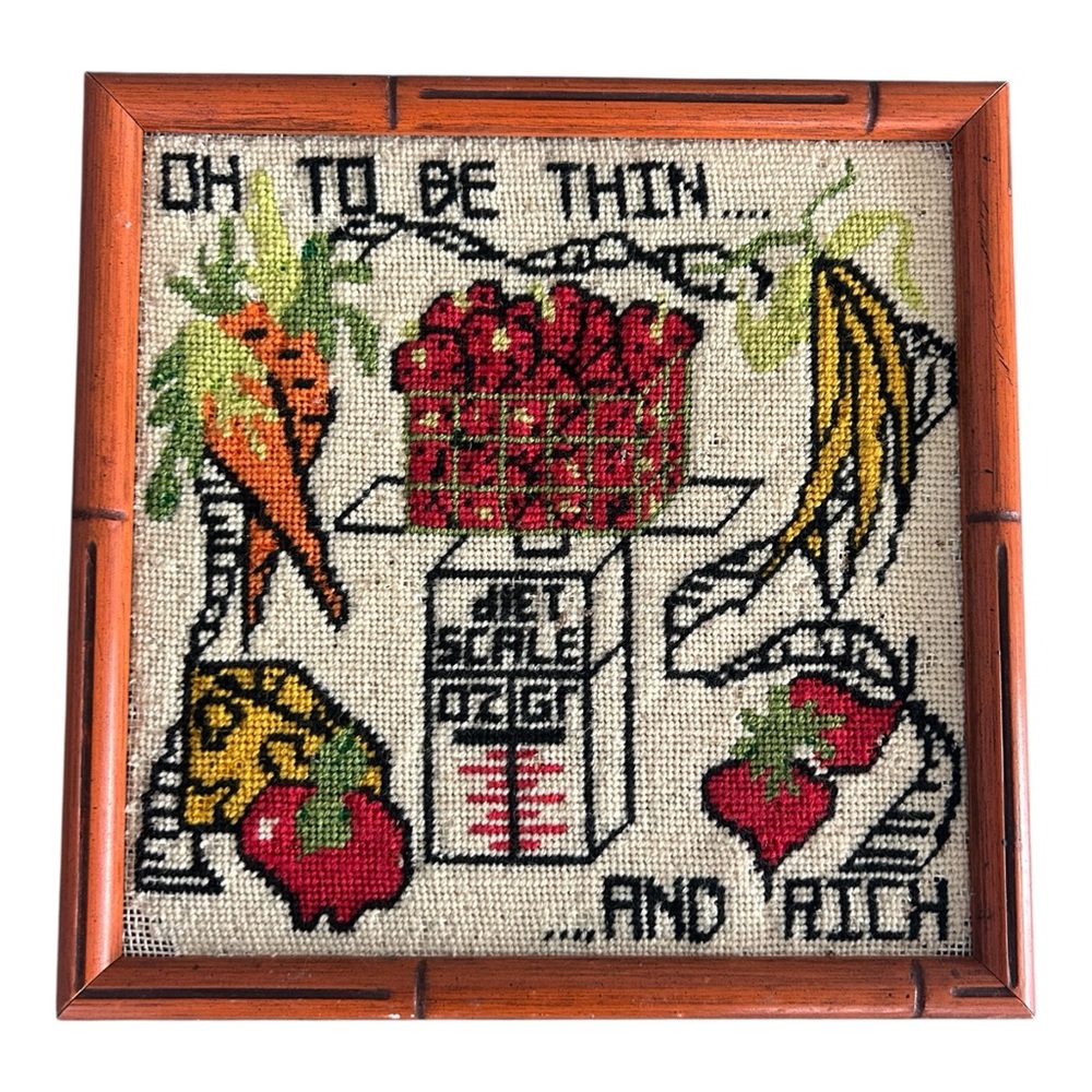 VTG 1970s Framed Needlepoint Oh to Be Thin and Rich Colorful Fruits Vegetables